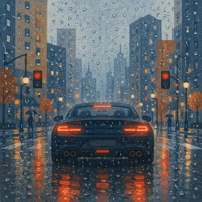 Rainy Evening Window View of City Lights