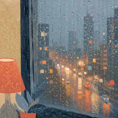 Rainy Window Drops with Blurred City Lights