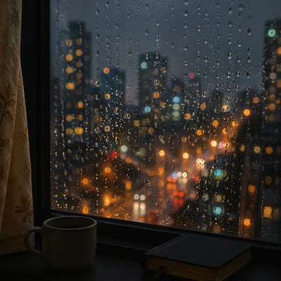 Rainy Window Drops and Blurred City Lights
