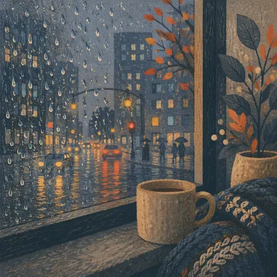 Rainy Window Drops with Blurred City Lights