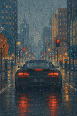 Rainy Evening Window View of City Lights