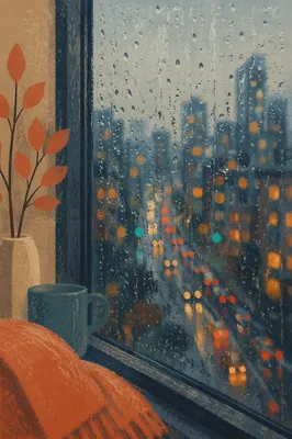 Rainy Window with Blurred Autumn City Lights
