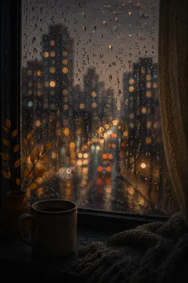 Rainy Window Drops Over Blurred City