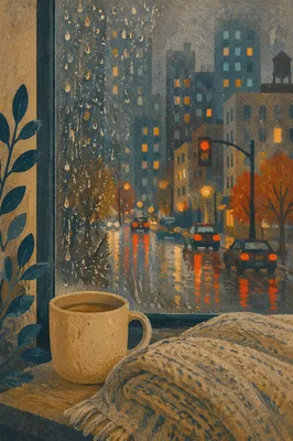 Rainy Window Drops with Blurred City Lights
