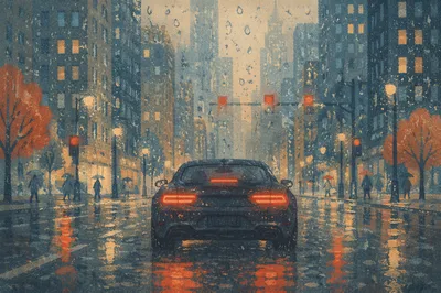 Rainy Evening Window View with City Lights