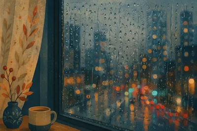 Rainy Window Drops with Blurred City Lights