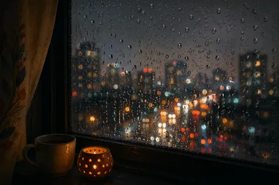 Rainy Window Drops with Blurred City Lights
