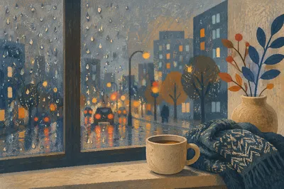 Rainy Window Drops and Blurred City Lights