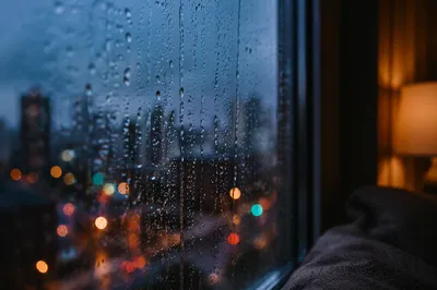 Rainy Autumn Window with Blurred City Lights