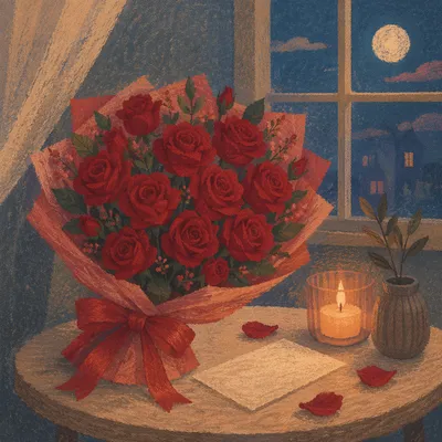 Romantic Red Roses Bouquet by Window