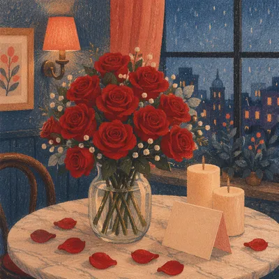 Romantic Red Roses Bouquet by Rainy Window