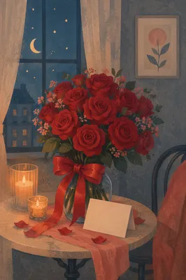 Romantic Red Roses Bouquet by Window