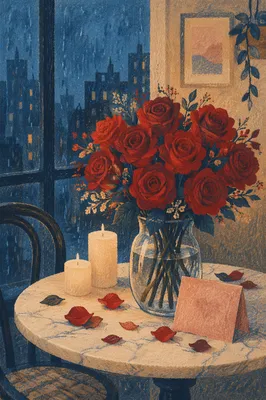 Romantic Red Roses Bouquet by Rainy Window