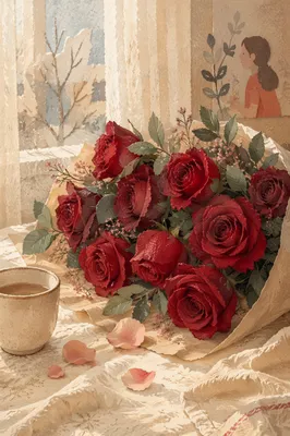 Romantic Red Roses Bouquet by Window