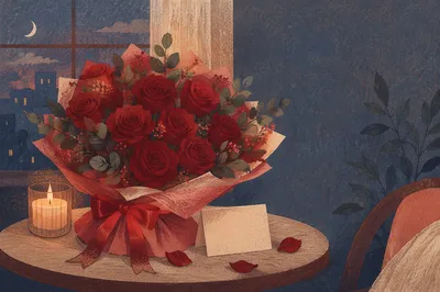 Romantic Red Roses Bouquet by Window
