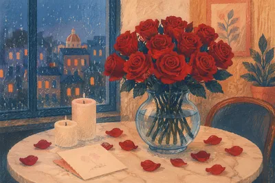 Romantic Red Roses Bouquet by Rainy Window