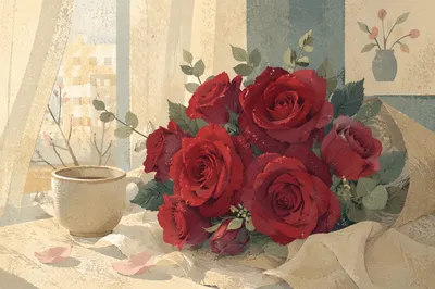 Romantic Red Roses Bouquet by Sunlit Window