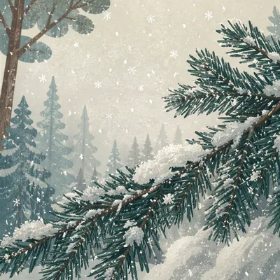 Snowflakes on Evergreen Branches in Winter