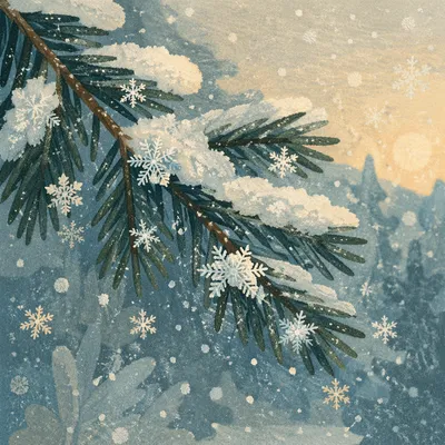 Snowflakes on Evergreen Branches at Blue Hour
