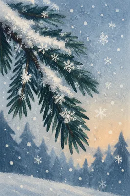 Snowflakes on Evergreen Branches at Blue Hour