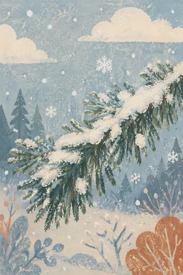 Snowflakes on Evergreen Branches in Winter
