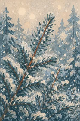 Snowfall on Evergreen Branches Close Up
