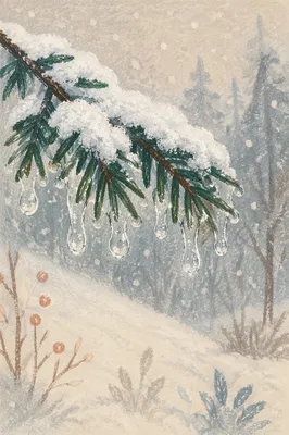 Snowflakes on Evergreen Winter Branches