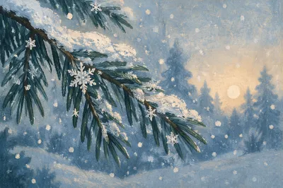 Snowflakes on Evergreen Branches at Blue Hour
