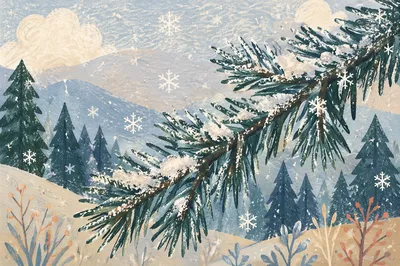 Snowflakes on Evergreen Branches in Winter