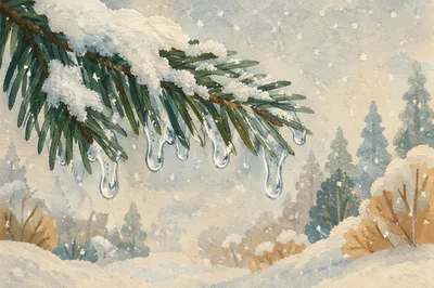 Snowflakes on Evergreen Branches in Winter