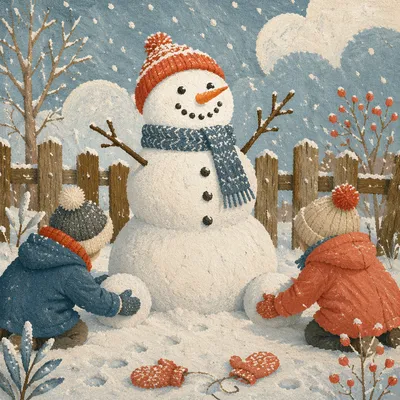 Children Finishing Snowman in Winter Backyard