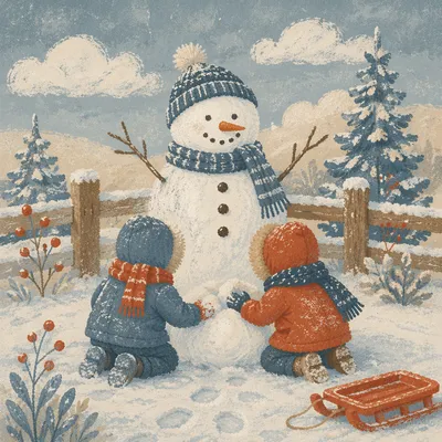 Children Building Snowman in Winter Backyard