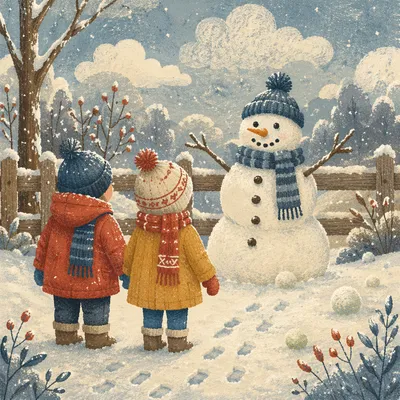 Cheerful Backyard Snowman on a Snowy Afternoon