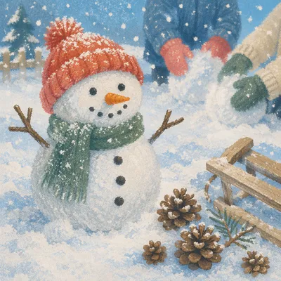 Cheerful Backyard Snowman on Snowy Winter Day