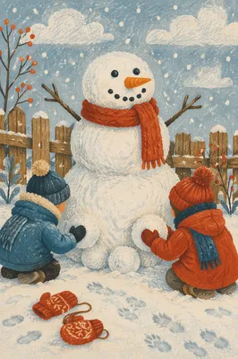 Children Building Snowman in Winter Backyard