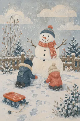 Children Building Snowman in Quiet Backyard