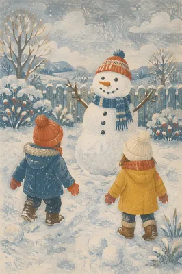 Children Admiring Snowman in Backyard Winter