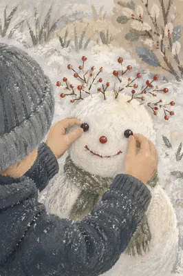 Child Decorating Snowman in Snowy Backyard