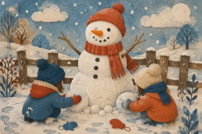 Children Finishing Snowman in Snowy Backyard