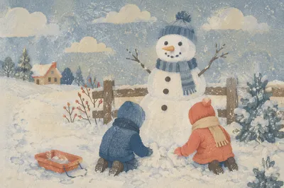 Children Building Snowman in Winter Backyard
