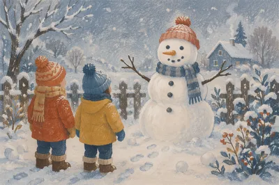 Cheerful Backyard Snowman on Snowy Afternoon