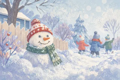 Handmade Backyard Snowman on Snowy Winter Day