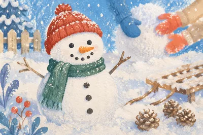 Cheerful Backyard Snowman on a Snowy Day