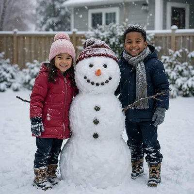 Children Beside Snowman on Snowy Backyard Day