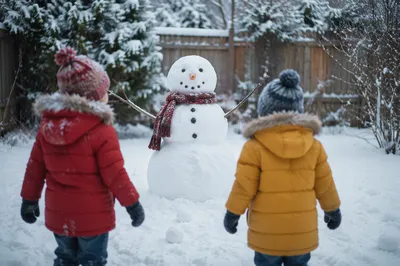 Children Admire Snowman in Backyard Winter