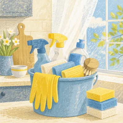 Spring Cleaning Supplies in Blue Bucket