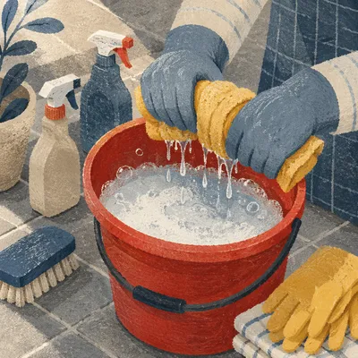 Spring Cleaning Supplies with Bucket and Gloves