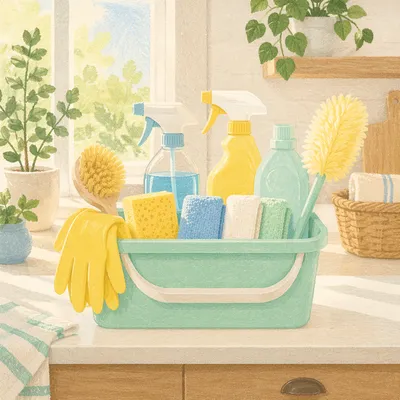 Bright Spring Cleaning Supplies on Counter