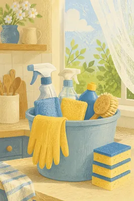 Spring Cleaning Supplies in Sunlit Kitchen