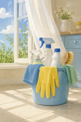 Sunny Spring Cleaning Bucket by Window